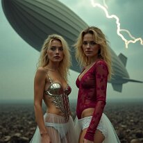 Zeppelin Wreckage in a Storm A fusion of industrial decay and futuristic elegance—this collection showcases powerful women in surreal, mechanical landscapes. From colossal rusted machines...