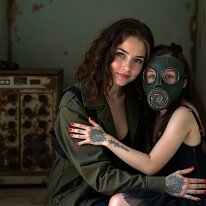 Lost Hope. Past Rituals Olivia and the girl huddle in the bunker, shadows flickering on porcelain skin and floral tattoos. Gas masks, tattered dresses, and closeness turn fear into...