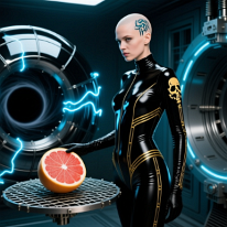 Stabilizing a Singular Core in a Gravitational Reactor A young woman stands on a floating grate inside a failed gravitational manipulator. Electroluminescent tattoos trace her shaved skull, as she extracts silvery...