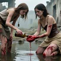 A ritual of care at a poisoned pool In a ruined courtyard, a girl gently pours water over the blood-stained hands of a wounded woman kneeling by a polluted pool. The quiet, almost sacred act of...
