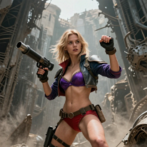 Blonde Girl Exploring Ruined Alien Machine Structures Blonde young woman exploring massive ruined alien machine buildings on Earth. Twisted metallic structures tower above while dust and ash drift through shafts of...