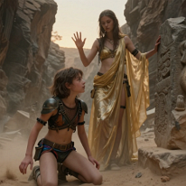 Girl and woman performing ceremony at carved stone with strange symbols in a canyon A ravine at dusk, through which a warm beam of light pierces the dust and jagged rock walls. A pretty girl wearing a leather and mesh top and colorful panties...