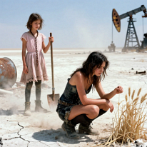 Young Women in Salt Desert with Wheat Field and Oil Refinery Ruins Two young women in a harsh post-apocalyptic salt desert near a decaying oil refinery. One crouches examining a wheat stalk among rusted debris, while the other...