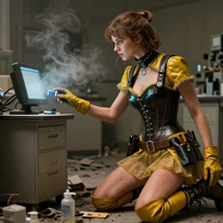 Woman in Abandoned University Lab with Scanner Young woman in reinforced leather corset and tool gear kneels in a decaying university lab, operating a handheld scanner. Surrounded by dust, broken equipment,...