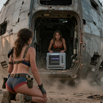 Post-Apocalyptic Ruined Spaceship Women At dusk in a ruined landscape with drifting dust, a massive corroded spaceship looms. A young woman stands in the open hatch holding an energy box, wearing a...
