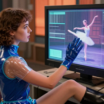Woman in Abandoned TV Studio Watching Ballet Scene Young woman in a decayed, empty TV studio wearing a dark blue transparent PVC leotard with cyan accents. She sits before a screen showing a ballerina, one boot...
