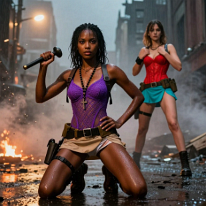 Black Woman in Rain-Soaked Urban Ruins with Tonfa Young black woman kneels in rain-soaked urban ruins at night, holding a tonfa with a confident stance. Wet streets reflect dim light as debris and sparks move...