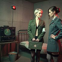 Lost Between Concrete and Blood Anna and Clara huddle in the bunker, tension and fear etched across their bodies. Red light flickers on skin and curves, shadows dance. Survival, desire, and...