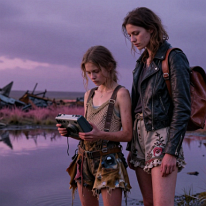 Girls at Toxic Pond Amid Industrial Ruins A young women and a girl stand by a toxic, shimmering pond amid decayed industrial remains, wearing worn handmade outfits, with analog instruments and leather...