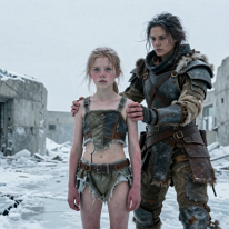 Women in Arctic Wasteland at Abandoned Fortification Two women stand in a frozen post-apocalyptic wasteland beside ruined concrete fortifications. Ice, wind, and drifting snow shape a harsh environment as one...