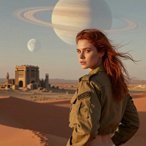 At the Edge of the Forgotten World At the boundary between dust and sky stands a silent resistance against time itself. Behind her worlds dissolve, ahead silence unfolds. Every glance back is...
