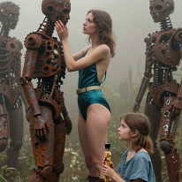 Women Exploring Rust Sculpture Garden in Sulfur Fog Two young women move through an abandoned sculpture garden filled with humanoid figures made of rusted vehicle parts. One gently touches a corroded metal head...