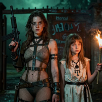 Girls in a ruined ministry with torch and rifle