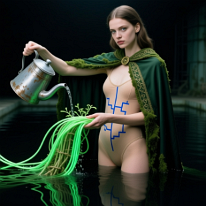 Blessing Bioluminescent Cables in a Fusion Core A young woman stands waist-deep in black coolant water of an abandoned fusion core. Wearing a skin-tight neoprene leotard with hand-painted blue circuitry and a...