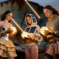 Holding Glowing Orbs at the Sunlit Parabolic Ruin Three young women hold glowing crystal orbs. Dressed in reflective paper, solar-clad, and metal-wool outfits, they stand inside a rusted parabolic dish against...