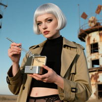 Handling a Fragment of a Radio Wave at the Abandoned Radio Station A young woman with platinum short hair stands before a derelict radio station in the Midwest USA. Wearing a khaki trench coat over black cotton top and...
