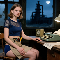 Operating the Decayed Teletype in a Moonlit Hall In a dark telegraph hall, a young woman sits on a rotted wooden chair, wearing a navy mesh top, functional canvas apron with screwdrivers, and dark blue...