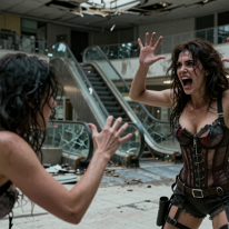 Women Fighting in Abandoned Department Store Two women struggle violently inside a dark, abandoned department store. Collapsed ceilings, broken tiles, shattered glass, and deep shadows surround them as...