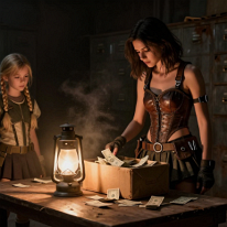 Young Women Examining Money in Abandoned Company Archive Young woman stands at a wooden table lit by a single petroleum lamp, examining a worn box filled with loose dollar bills. Dust glows in the warm light while...