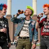 Punk Trio at Battersea Power Station Three young punks laugh and drink beer near Battersea Power Station on a sunny day. Each wears authentic punk outfits with Liberty spikes, DIY jackets, patched...
