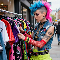 Punk Girl Browsing on Carnaby Street Young punk girl browses a clothing rack in front of a boutique on Carnaby Street, wearing early UK punk style with dyed spiked hair, bold makeup, and a DIY...