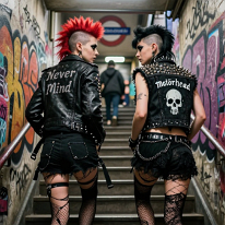 Two Young Punk Girls on London Underground Stairs