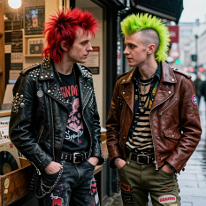 Punk Boys in Record Store Two young punk boys chat animatedly inside a small record store on Kings Road during a rainy day. Both wear authentic punk outfits with Liberty spikes, DIY...