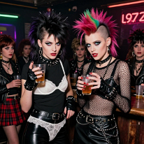 Punk Girls at London Club Bar Two young punk girls with bold mohawks stand at a bar holding drinks, posing with confident, rebellious attitude. Their striking outfits and makeup stand out in...