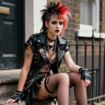Punk Girl on Stepstone Young punk girl sits on a worn stepstone of a run-down brick terrace, wearing DIY late-1970s British punk style. Her spiked hair, torn clothing, and rebellious...