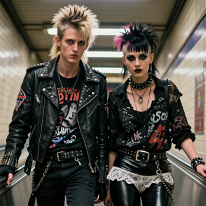 Punk Couple on Underground Escalator Young punk boy and girl ride a descending escalator in an empty London Underground station at night. Both in authentic punk style, with leather, studs, DIY...