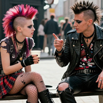 Punk Couple on Carnaby Street Young punk couple on Carnaby Street: a girl with a bright mohawk sits on a bench holding a drink while talking to a punk man beside her. Their bold outfits and...