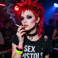 Punk Girl Smoking in Club Close-up of a young punk girl smoking a cigarette in a dim underground club. Bright red liberty spikes, dramatic punk makeup, torn DIY outfit, and rebellious...
