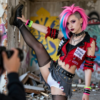 Punk Girl in Gritty Backstreet Pretty punk girl poses against a graffiti-covered wall in a gritty urban backstreet, wearing DIY punk-inspired cosplay with colorful hair, safety pins, and...