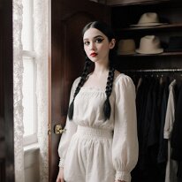 Atmospheric scene inspired by gothic aesthetics and mystery Stone and shadow glow in candlelight, where Victorian lingerie reveals subtle desire and forbidden allure. Faces emerge from half-light, distant yet intimate,...