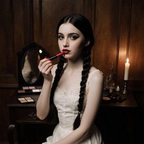 Atmospheric scene inspired by gothic aesthetics and mystery Flickering candlelight softens stone and shadow, as gothic elegance and quiet longing fill the air. Faces emerge from half-light, distant yet intimate, wrapped...