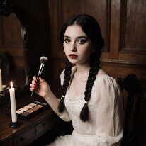 Atmospheric scene inspired by gothic aesthetics and mystery Darkness rests gently on stone and memory, softened by flickering candlelight. A quiet gothic romance lingers as grace and longing entwine. Faces emerge from...