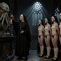 Behold the Elder Sign: Where Faith Kneels Before the Abyss A revelation wrapped in shadow and moonlight. Ancient stone arches bear witness as an impossible presence looms above the altar—something older than faith,...