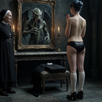 The Mirror Reveals: Where Devotion Meets the Elder God Before the gilded mirror, a moment of transformation becomes something far older than any ritual. The novice prays; one watches. The candlelit chamber holds its...