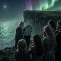 The Star That Judged – When the Commandments Met the Deep! The cliff does not look down upon the sea—it looks upon the abyss, which stares back. The Northern Lights are not auroras; they are veins of a celestial body...