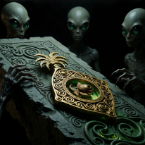 The Sacred Relic of Y’golonak The stone rises at an angle from the darkness, massive, rectangular, as if something beneath had pushed it upward. On its surface, the golden artifact is fused...