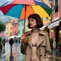 Melancholic Rainy Day in Portofino Rain drifts across the cobblestone streets of Portofino, where shimmering reflections blur into painterly color. A young woman in a trenchcoat moves under an...