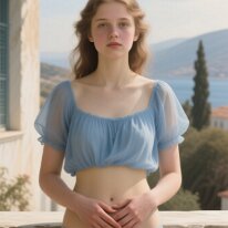 Sunlit Terrace Serenity A young woman stands gracefully on a sunlit terrace in Greece, wearing a light, flowing chiffon top and airy summer trousers. Her hands rest gently in her lap....