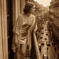 The Day Is Just One Cigarette Away A young woman stands on a narrow balcony in the early morning, overlooking a busy city street. She holds a cigarette in her right hand, observing the traffic...