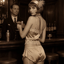 Night Fever – I Knew How to Do It Young woman stands with her back to the camera at a dark wooden bar, glancing over her shoulder with a confident smile, holding a cocktail glass. She wears a...