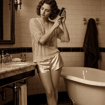 Brush, Smile, and a New Day Can Begin Young woman with fingerwaves stands before a bathroom mirror, brushing her hair. She wears a sheer loose top and short satin pajama bottoms, no stockings, soft...
