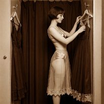 For Your Eyes Only Young woman in a dressing room, reaching for a dark dress on a hanger. She wears a satin bra, layered short chiffon slip and translucent petticoat, light silk...