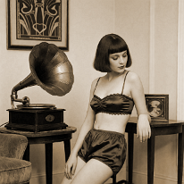 A Dreamy Musical Experience Young woman with straight bob and bangs kneels before a gramophone in a bright living room. She wears dark satin bandeau, loose tap pants, dark silk stockings,...