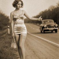 Thumbs Up – Adventure Is Just a Ride Away Young woman hitchhiking on a lonely road, thumb outstretched toward an approaching car. She wears a shiny satin teddy, light silk stockings with garters, pearl...