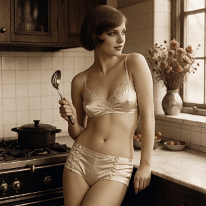 Cooking Up Something Special Young woman in 1920s kitchen, leaning against marble counter. She wears satin bandeau and briefs, silk stockings, short bob haircut. Holding a wooden spatula,...