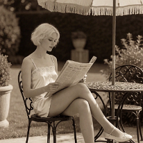 A Sunny Day for Lazy News A 19 years old woman sits on a wrought iron terrace chair, legs crossed, reading a newspaper. She wears a shiny satin teddy with lace trim, silk stockings, and...